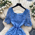 summer french high-end women's formal dress - luxury intricate crochet lace short-sleeve fitted midi dress