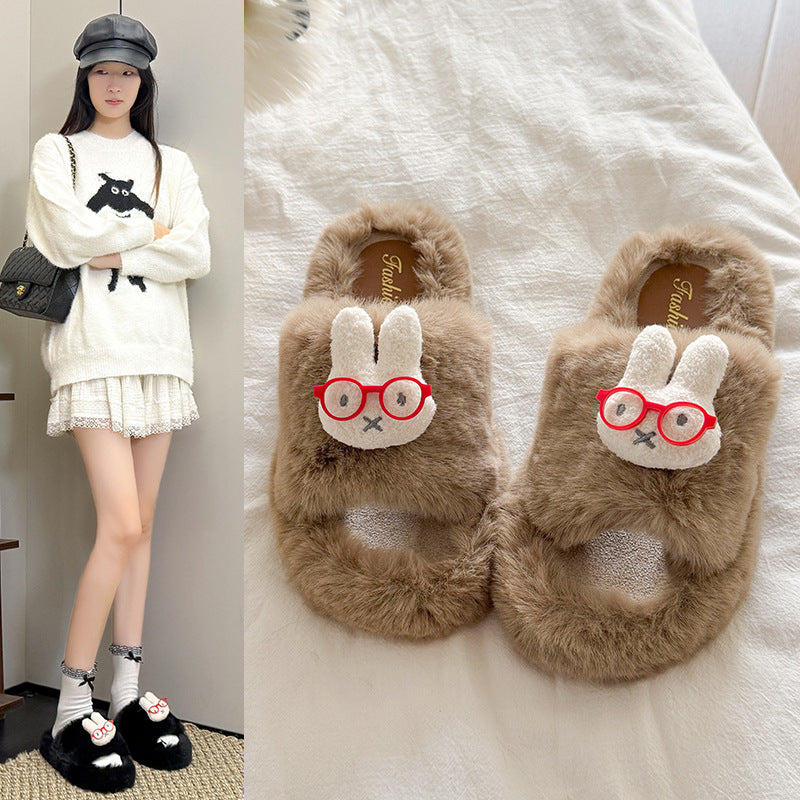 Glasses rabbit cute furry slippers women's korean style trendy cotton slippers comfortable casual thick sole warm home slippers