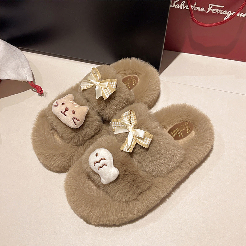 Home casual super popular kitten and small fish fur slippers women's casualnon-slip easy to wear fashioneasiest for match cotton slippers for women
