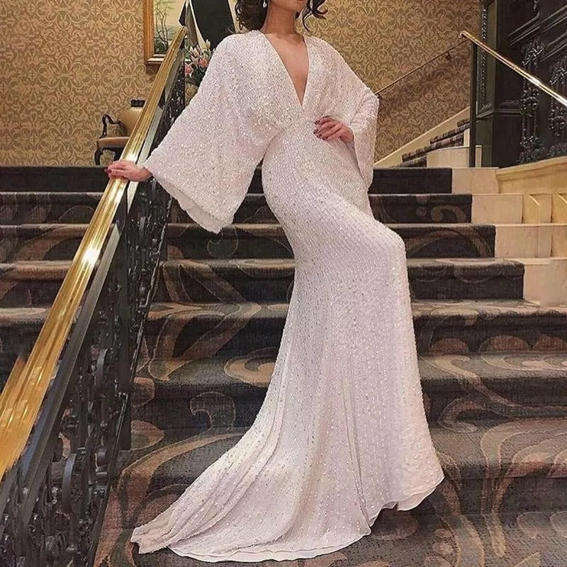new european and american style v-neck floor-length sequin evening gown with long sleeves - mermaid tail banquet elegance