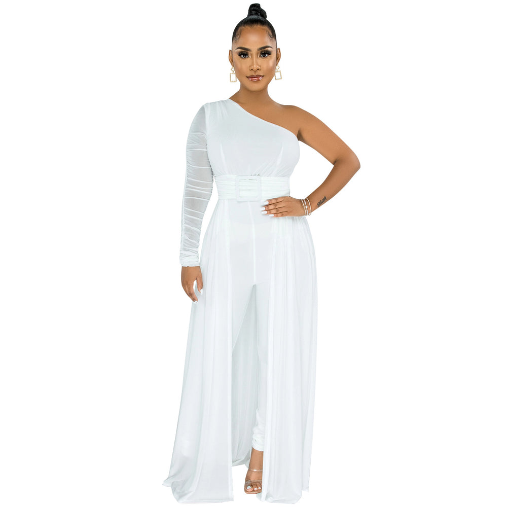 X5675 cross-border   pure colorsexy mesh see-through one-shoulder slanted collar long-sleeved pants jumpsuit for women