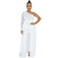 X5675 cross-border   pure colorsexy mesh see-through one-shoulder slanted collar long-sleeved pants jumpsuit for women