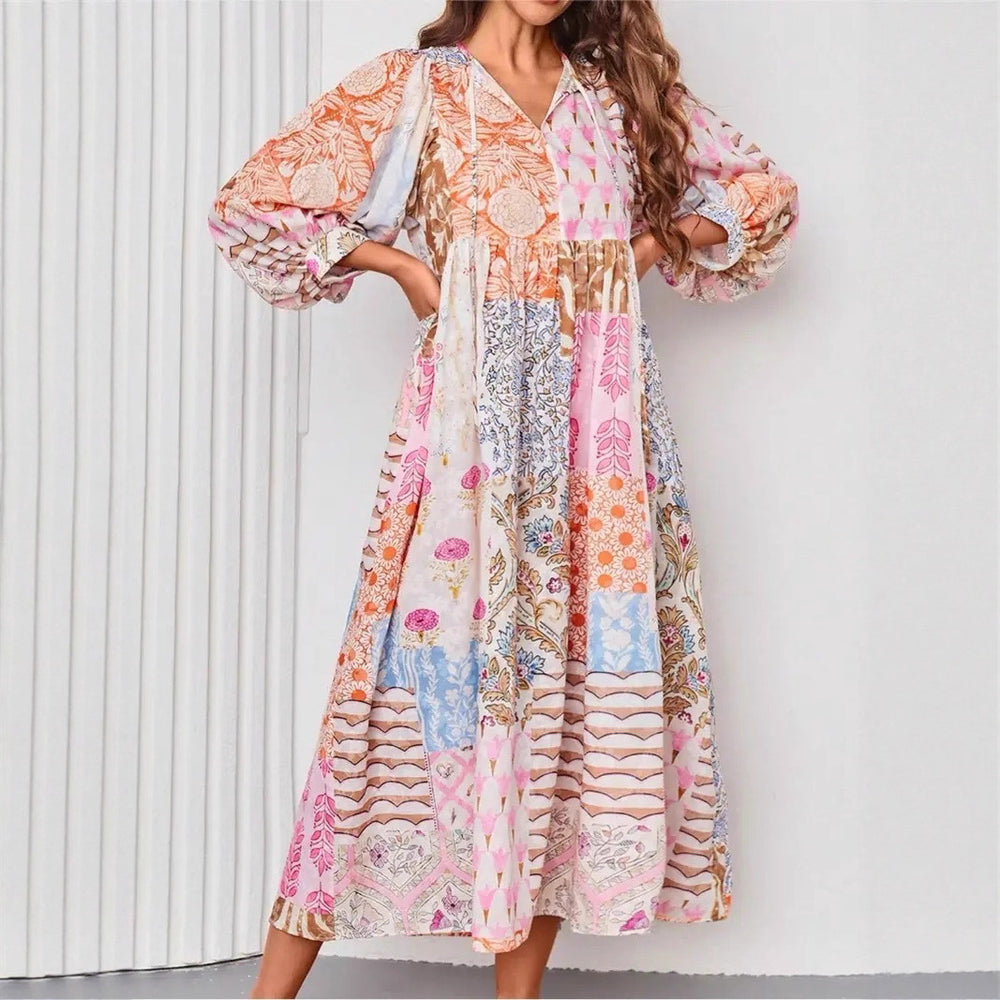 European and american cross-border   hot seller: bohemian lantern sleeve fashion print maxi dress