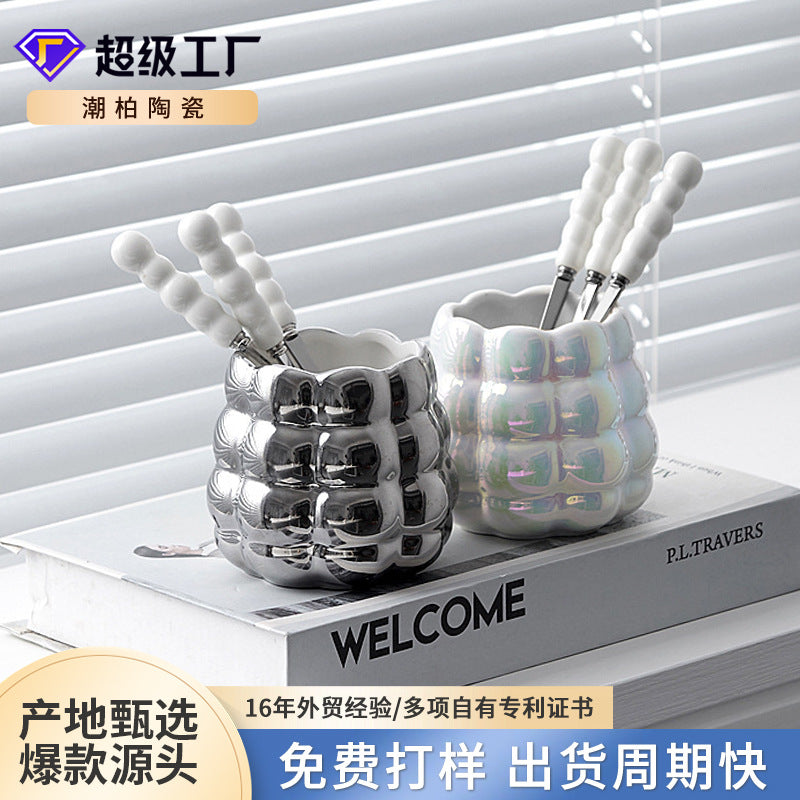 Ceramic fruit fork stainless steel creative pearl knife, fork and spoon suit customized tableware storage jar suit logo personalized