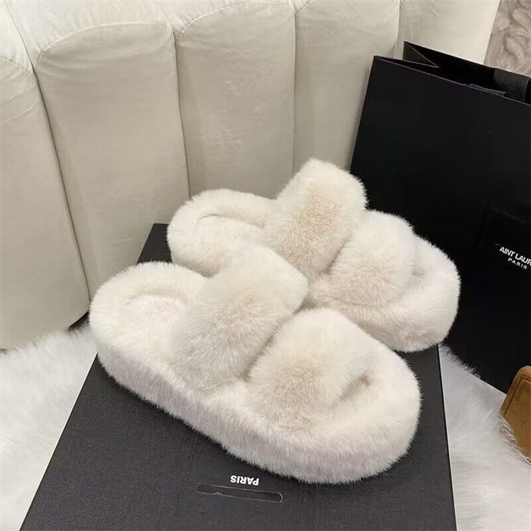 Thick sole cross strap furry slippers for women fall and winteroutwear2023new arrivalplatform shoesthick soleincrease soft bottomfor home cotton slippers