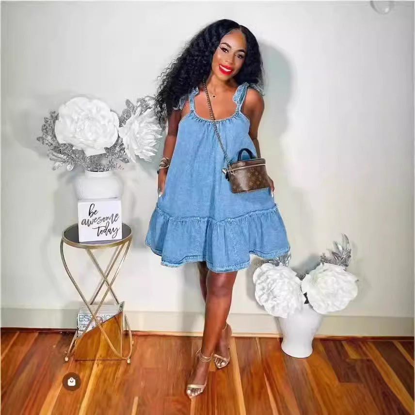 Cross-border Europe, America,  new women's clothing personalized fashion splicing suspenders straps washing denim dress women