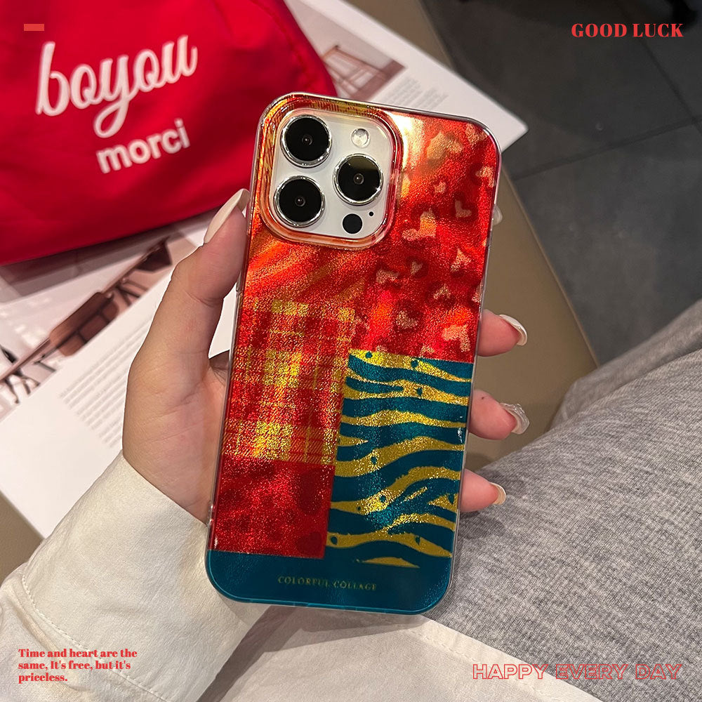 apple 17 pro phone case - gradient color tin foil shell with multi-element patchwork iphone 16 protective cover