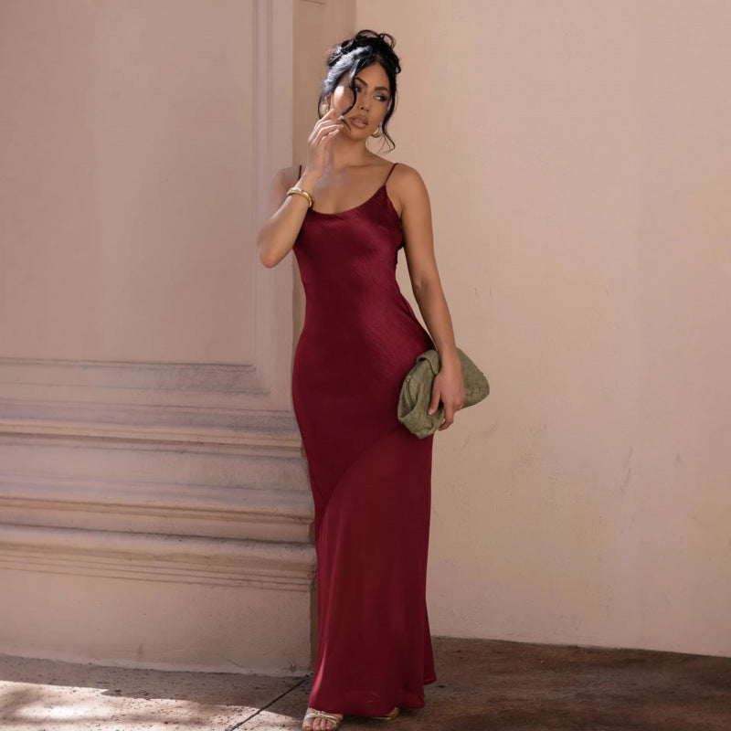summer new european and american style camisole dress - sexy backless satin patchwork chiffon maxi evening gown