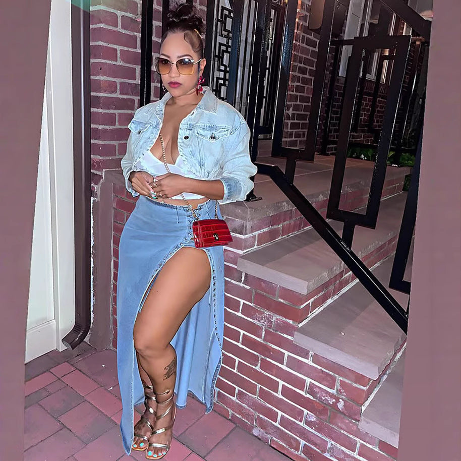 European and american style denim skirt  women's fashion hot girl eyelet tie closure slit long skirt