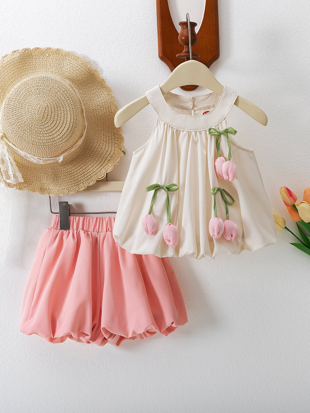 cross-border girls' 3d floral doll top + bloomer pants two-piece set