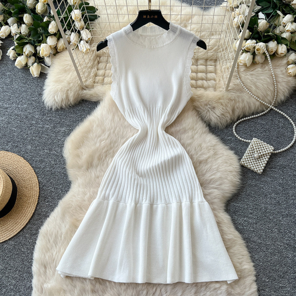 K-stylework clothing sleeveless pleatedknittingdress women's summercut out waist a-line skirt pinkelegant skirt summer