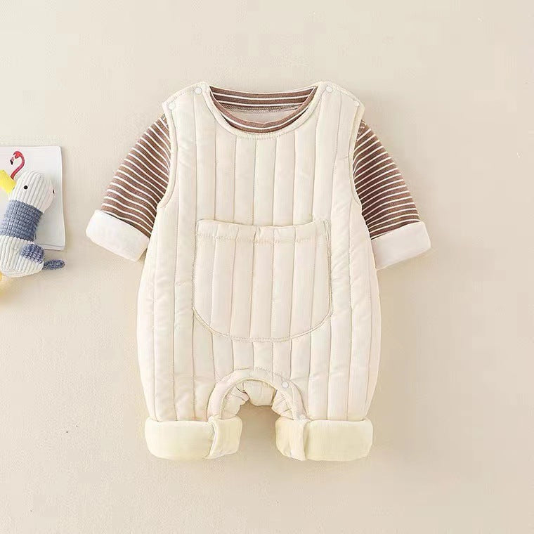 Autumn winterk-style men's and women's baby fleece-lined outing long sleevestwo-piece set khaki newborn home heattech crawling suit