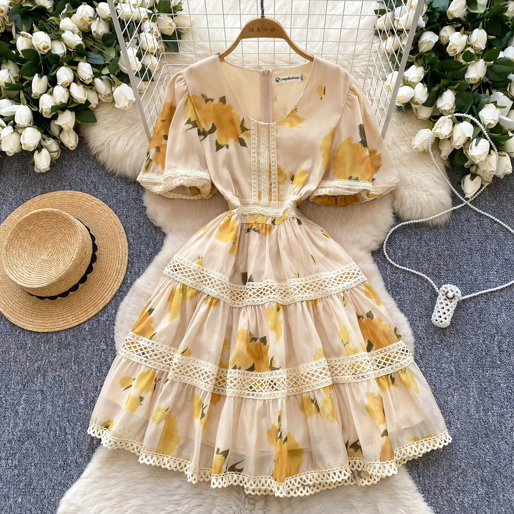 French chic luxury printed bubble sleeve dress - women's summer mesh cutout midi dress