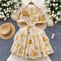 French chic luxury printed bubble sleeve dress - women's summer mesh cutout midi dress