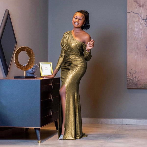 Light luxury celebrity style one-shoulder diagonal collar dress, autumn fashion banquet dress long dress party dress