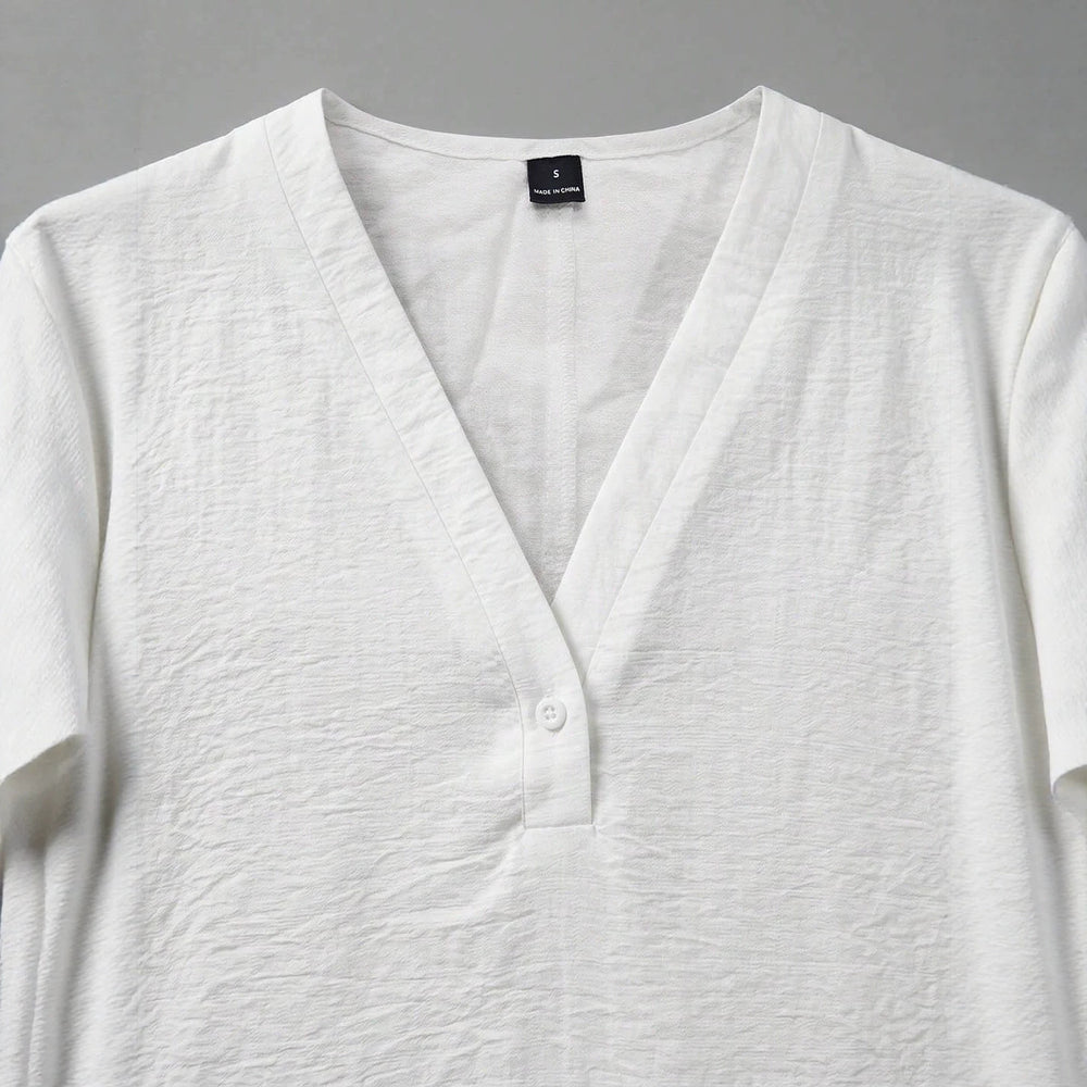 european and american bohemia breathable shirt with deep v half placket and one capsules button pleated fabric loose shoulder long sleeves