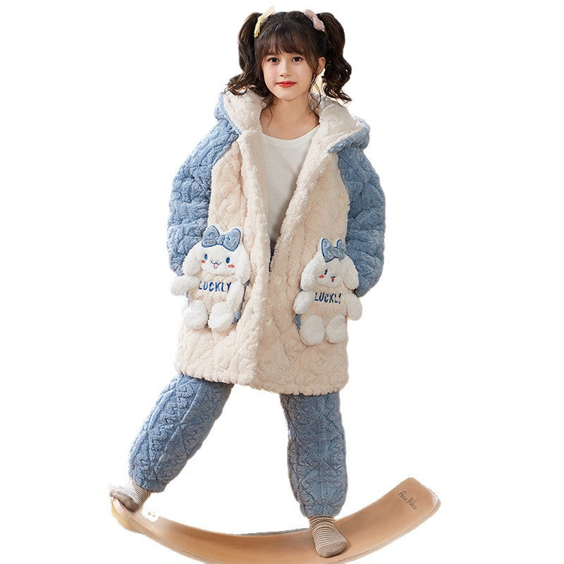 Three-layer quilted thickened pajamas winter boys coral velvet girls three-layer quilted thickened heattech home clothes baohou