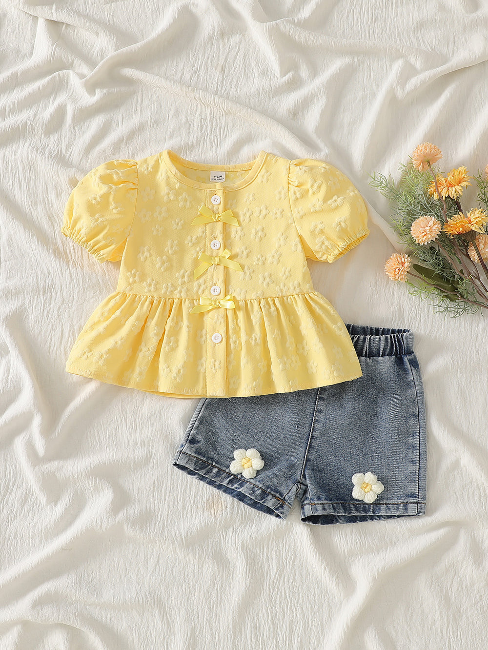 hot selling baby girl princess sleeve bow top + 3d floral denim shorts two-piece set