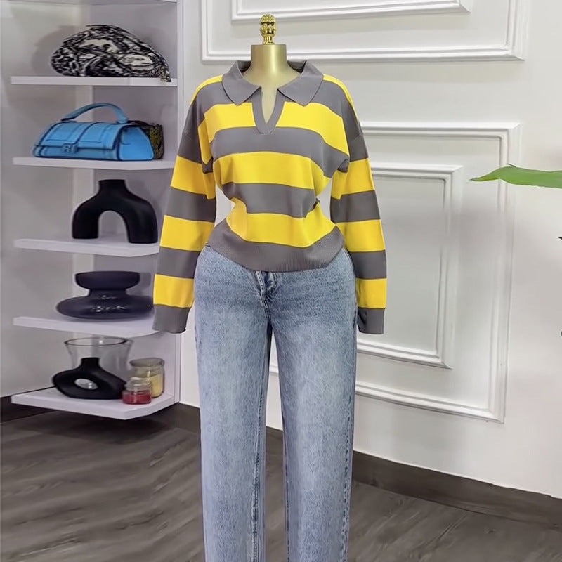 European and american cross-border women's spring  new arrival: casual turn-down collar color block striped loose fit polo shirt long sleeve top