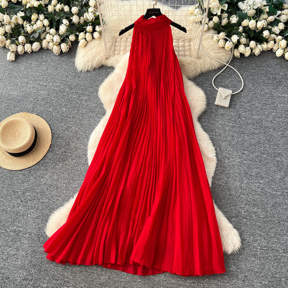 Vacation style halter sleeveless pleated dress women's springk-style heavy industry pleated high waist a-line large swing long skirt