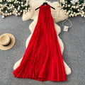 Vacation style halter sleeveless pleated dress women's springk-style heavy industry pleated high waist a-line large swing long skirt
