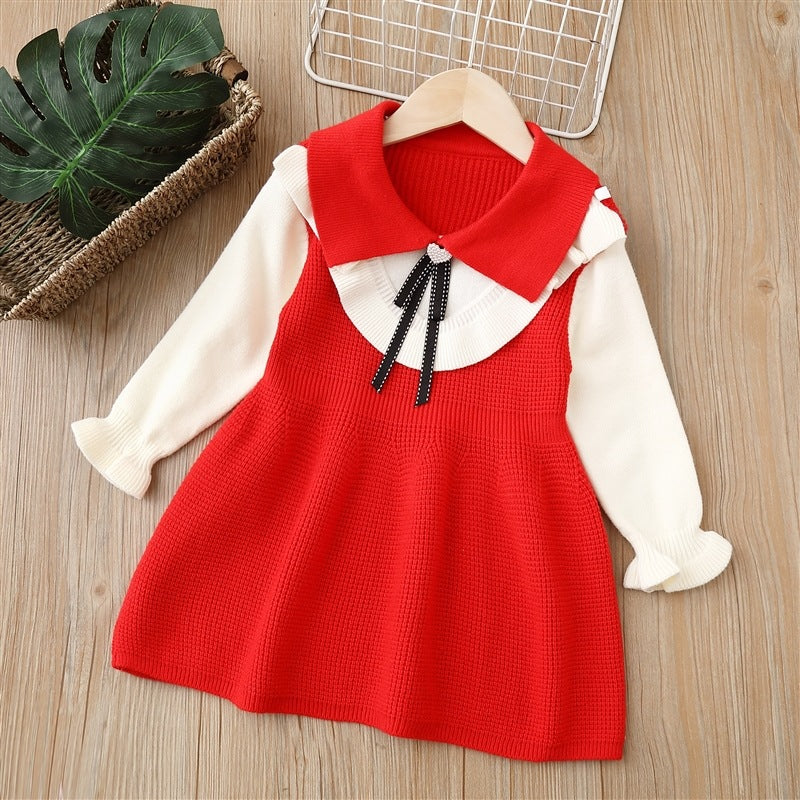 Girls' knit dress -  autumn/winter new arrival - collared bow knit dress for baby girls and toddlers