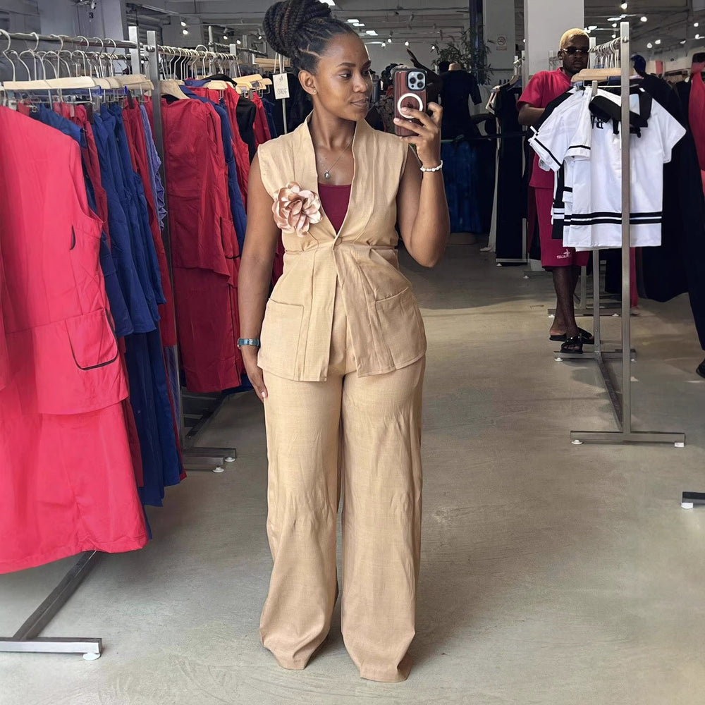 Fashion cross-border women's clothing  summer new style elegantwork clothing stereo flower vest vest high waist pants suit