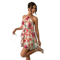 Women's summer new arrival: elegant and romantic floral print tiered sexy backless halter neck mini dress