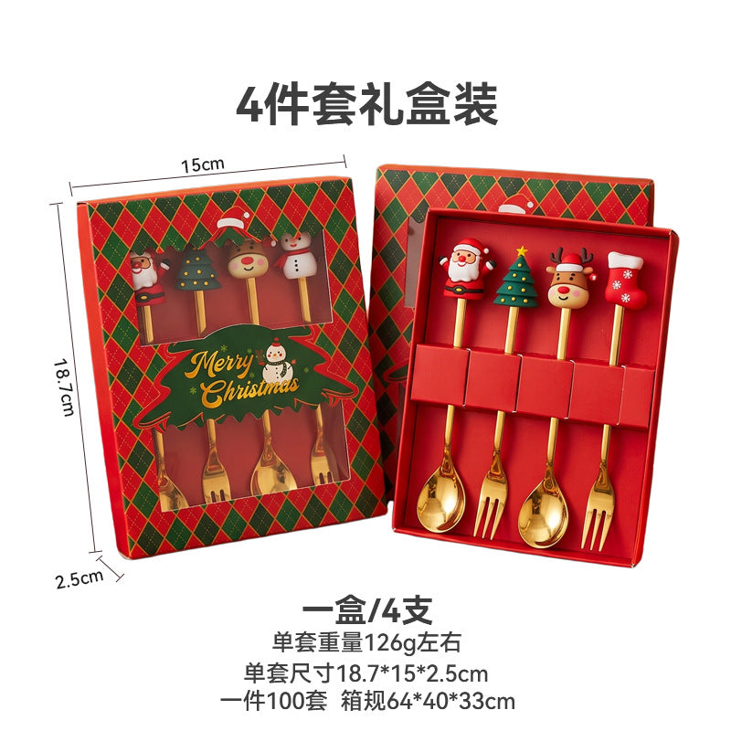 Christmas dessert fork and spoon 6-piece gift set - coffee stirring spoons, fruit forks, stainless steel cutlery - holiday gift