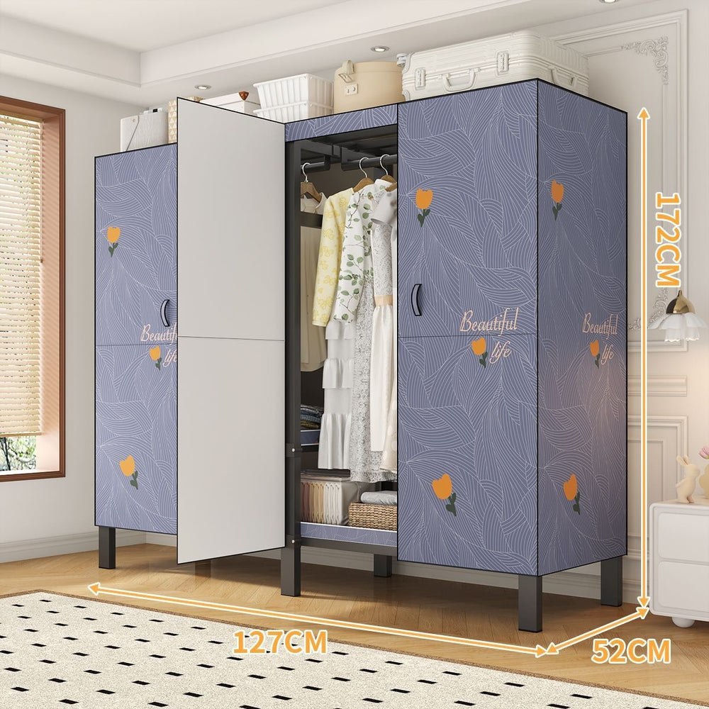 Easy-to-assemble, foldable wardrobe for bedrooms, ideal for home use or rental properties. dustproof, moisture-proof, with reinforced construction, fully sealed, and mildew-resistant. features a convenient swing-out door