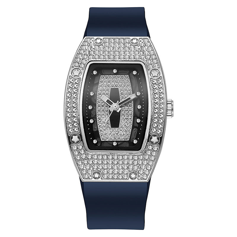 Whiskey barrel-shaped diamond-accented quartz watch - fashionable, trendy, and elegant women's silicone wristwatch - wholesale white