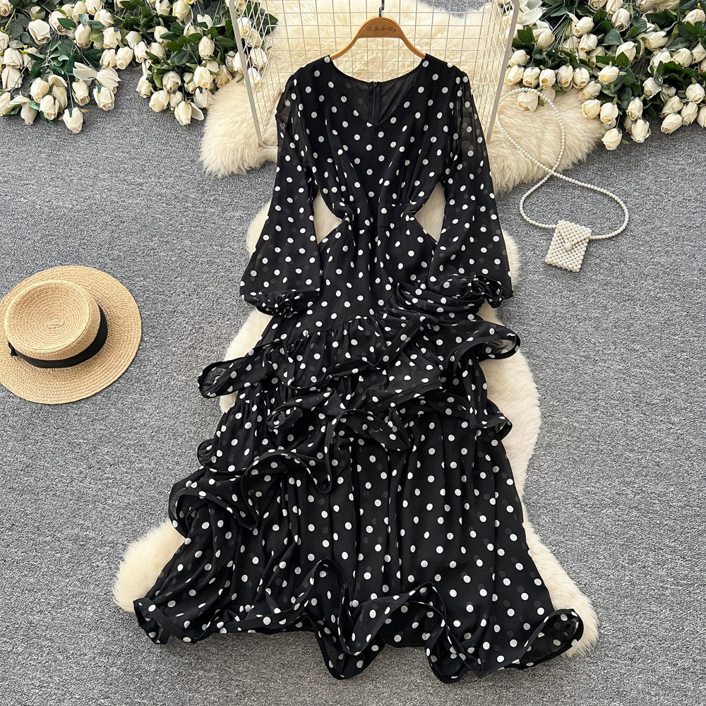 French polka dot v-neck bodycon asymmetrical dress - women's summer cinched waist ruffle trim slimming cake dress - socialite style