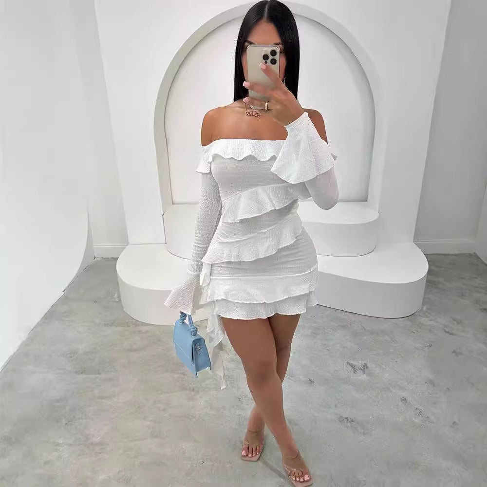 European and american cross-border women's fashion:  autumn new collection - solid color flared sleeve bandeau off-the-shoulder sexy bodycon dress