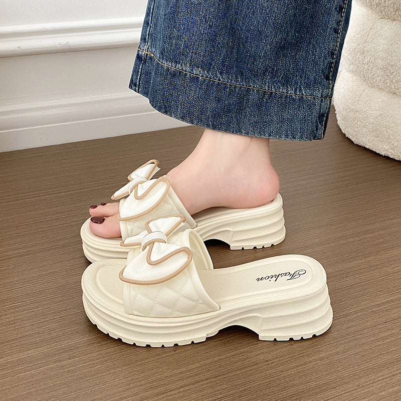 Bow-tie flip-flops for women, summer fashion outerwear, 2026 new style, thick sole, height-increasing, non-slip beach sandals