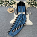 Women's autumn casual outfit: vintage stand collar denim patchwork long sleeve top t-shirt + wide leg straight pants two-piece set