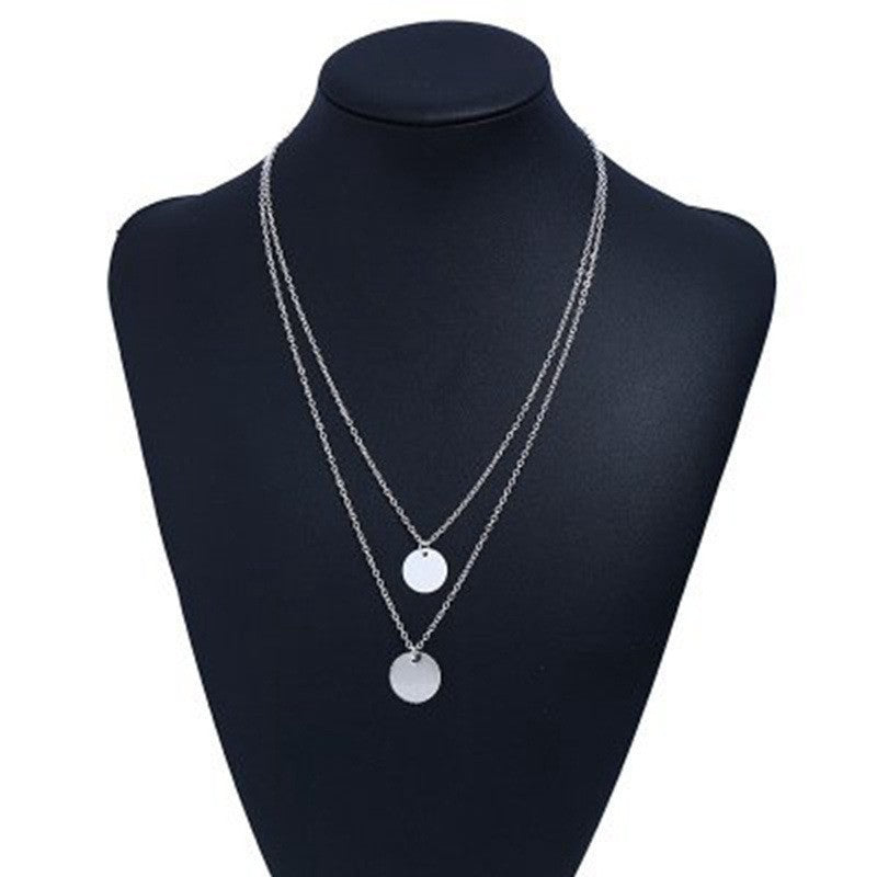European and american elegant double layer necklace for women, minimalist versatile round pendant stainless steel short choker clavicle chain - wholesale/distribution