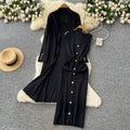 Elegant and chic: oversized knit cardigan with midi length + sleeveless bodycon dress with metallic buckle detail