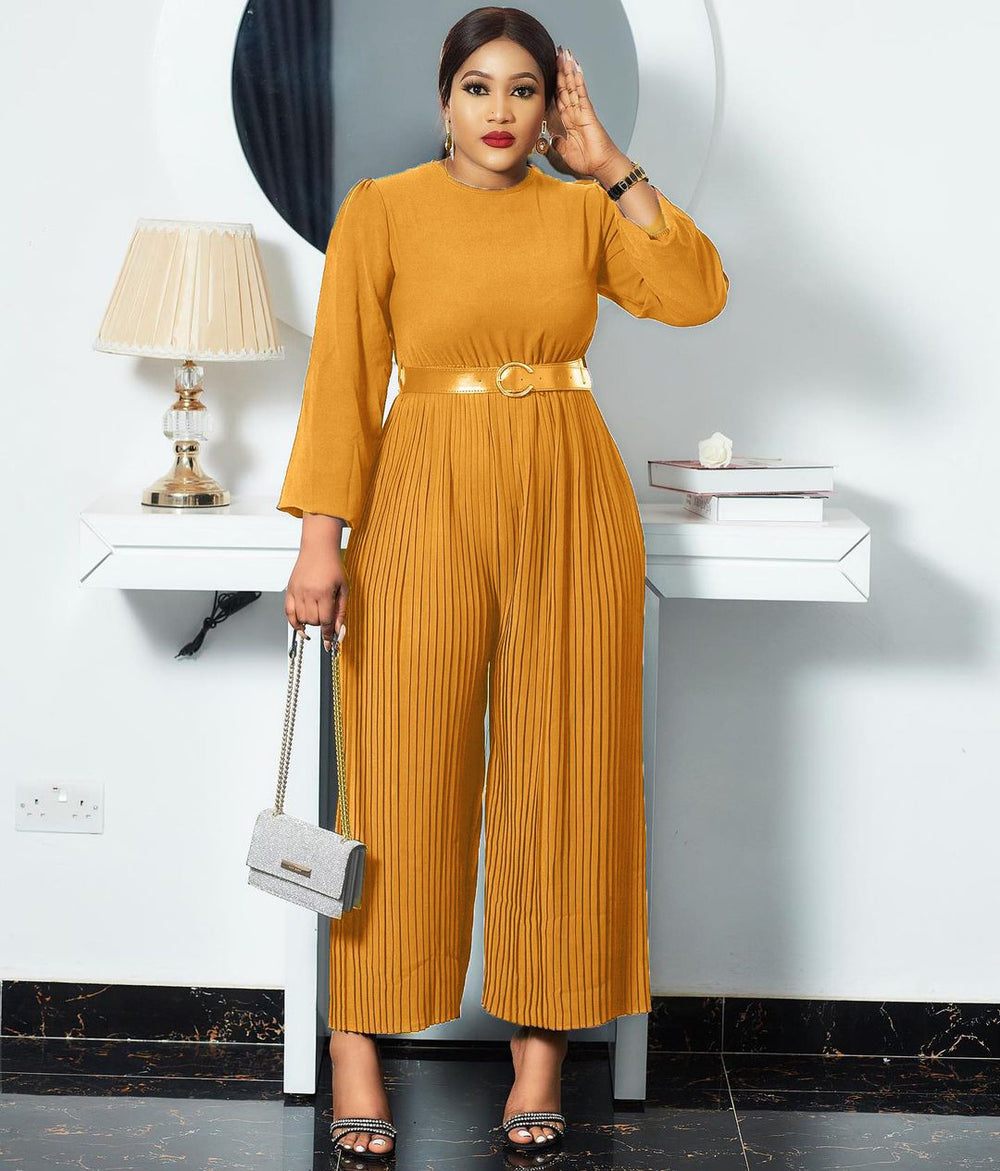 Q045   fall/winter new solid color long sleeve loose wide leg plus size women's jumpsuit - cross-border e-commerce