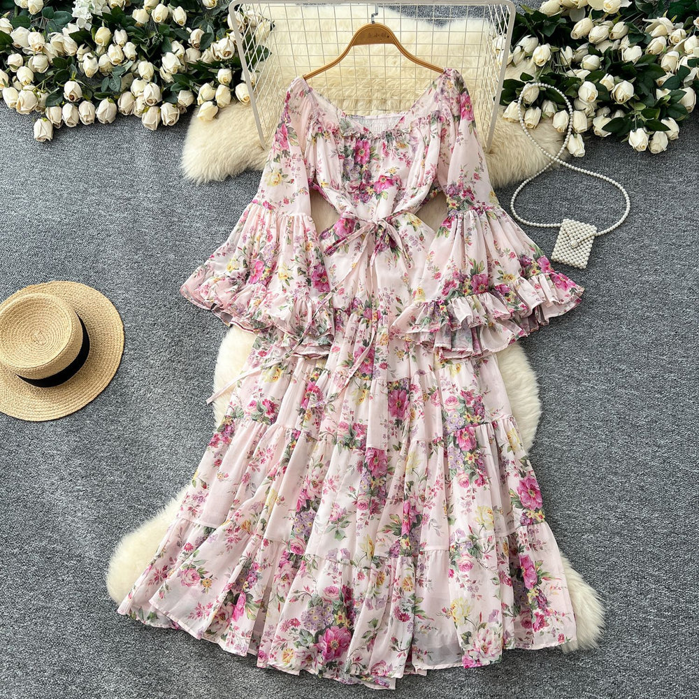 French chic one-shoulder flared sleeve tie-waist floral chiffon dress - women's autumn ruffle maxi dress