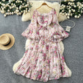 French chic one-shoulder flared sleeve tie-waist floral chiffon dress - women's autumn ruffle maxi dress