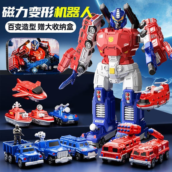 Children's magnetic toy car King Kong boy building block assembly and splicing 6 fire truck deformation robot 2-3 years old gift