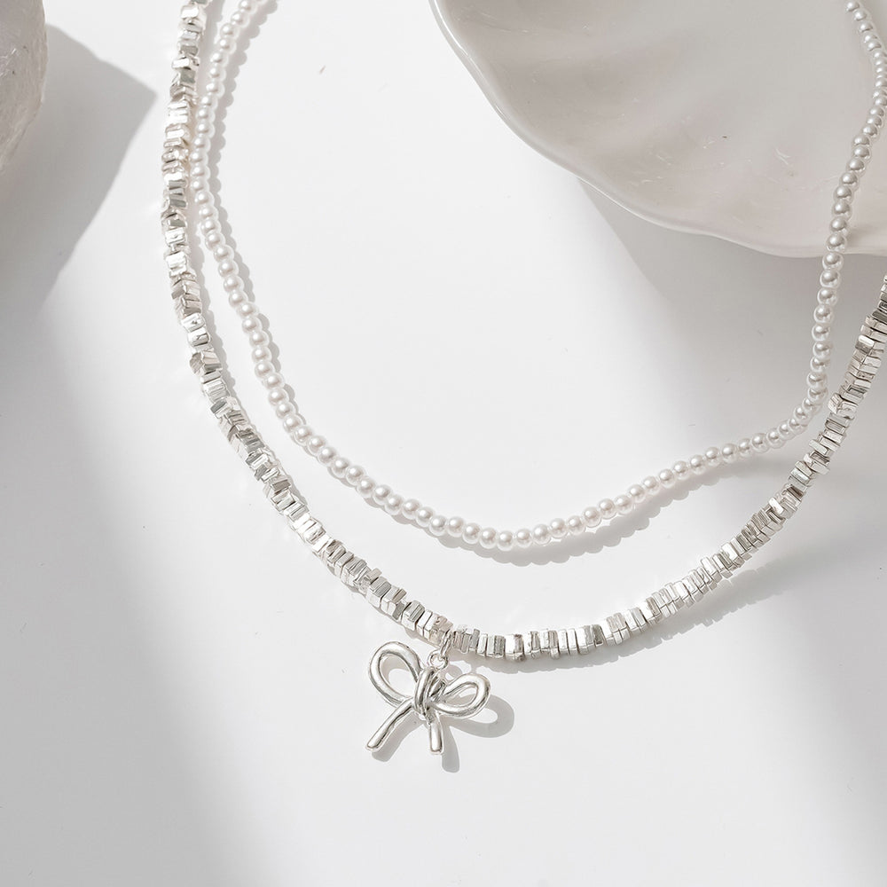 new arrivalbows necklace for women casualclassy sense of retro double-layered design imitation pearl clavicle chain