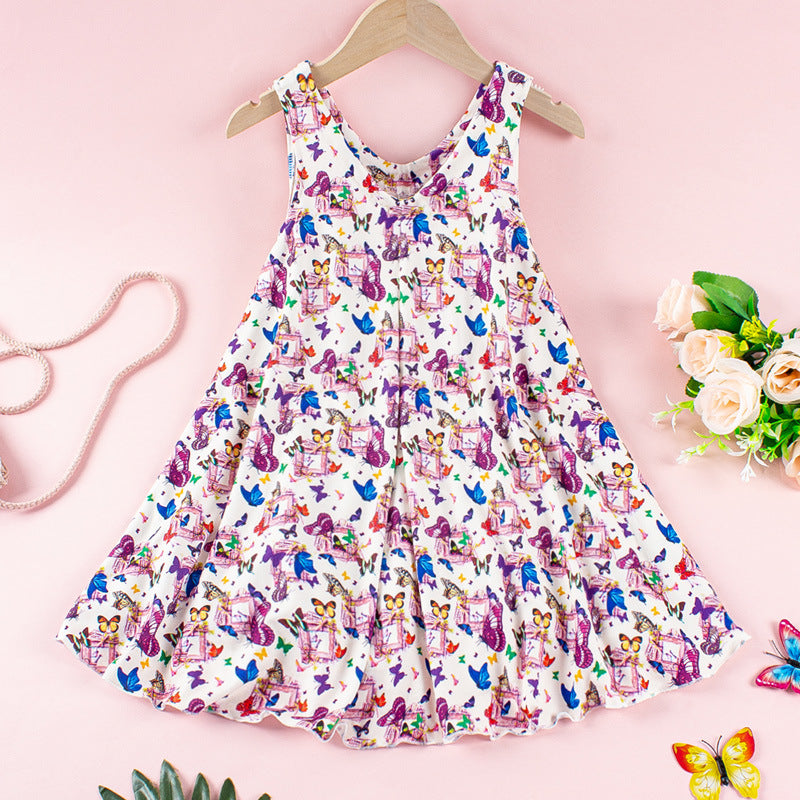 Girls' dress  new summer collection v-neck milk silk dress stylish girl sleeveless sweet style dress