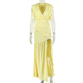 European and american style ins pure color women's slit hem sleeveless waist bag hip skirt v neck pleated  trendy dress