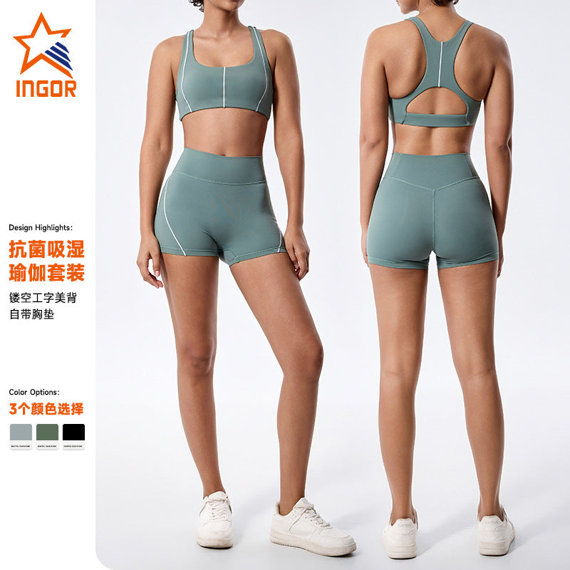 new arrival antibacterial fabric outdoor fitness pilates running fitness wear slimming lookcontrast color yoga wear suit for women