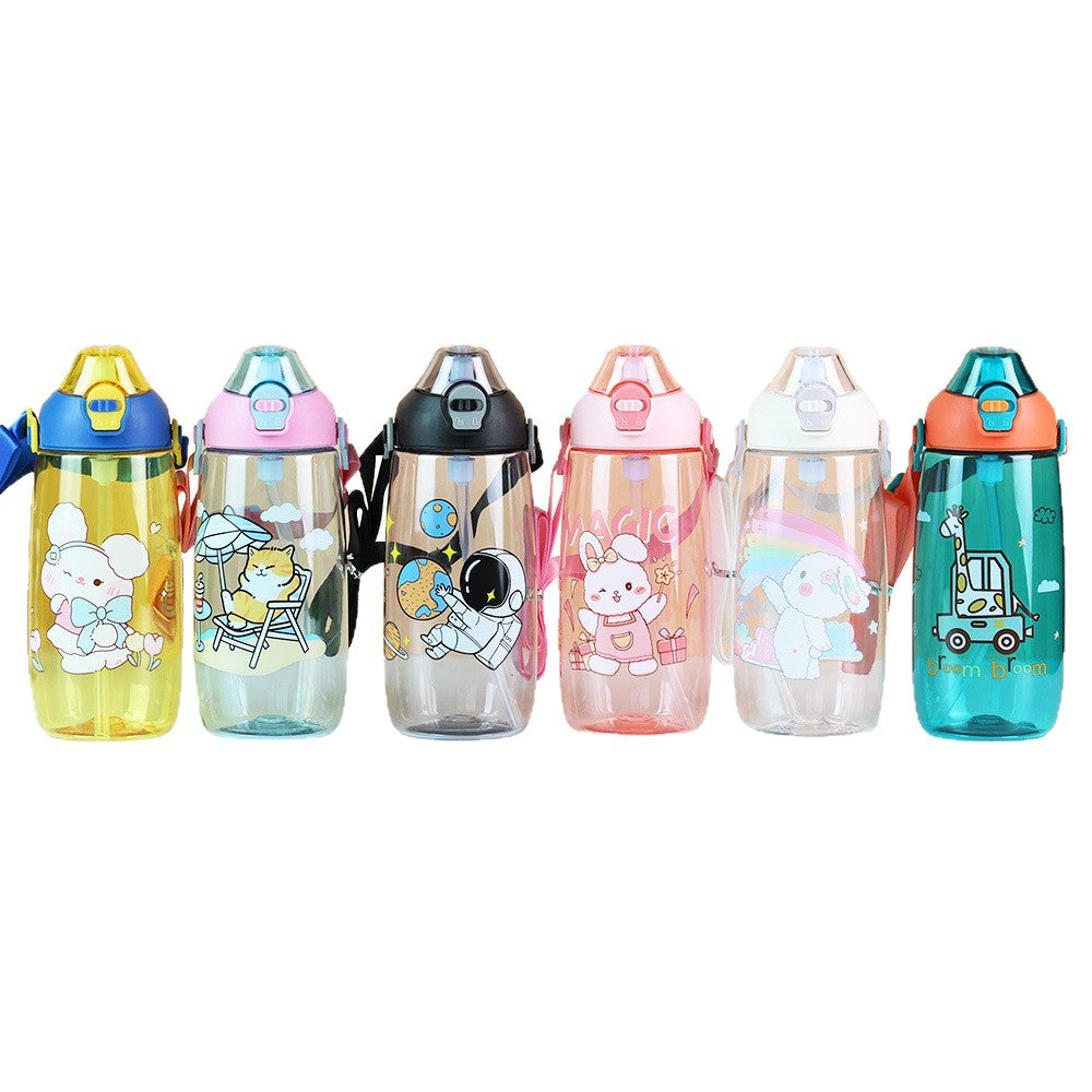 Factory custom cartoon cute kids water bottle student straw water jug big belly gift cup portable plastic water cup