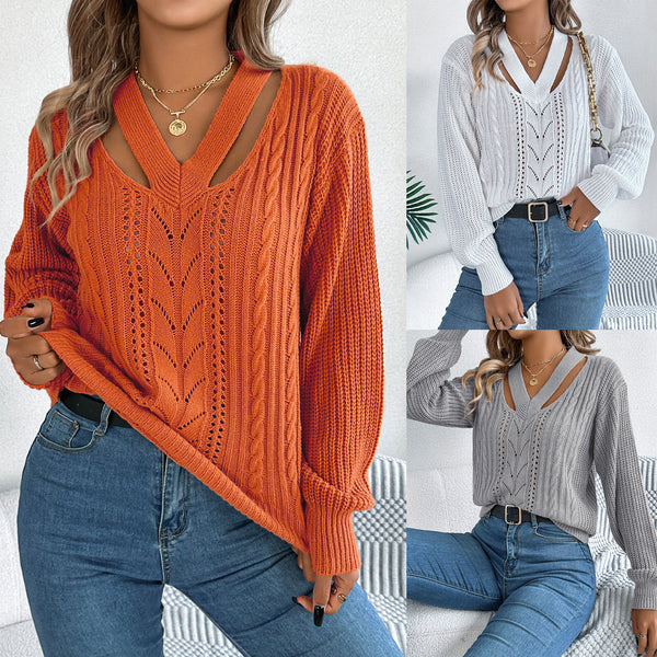 Real shot 2025 autumn and winter casual hollow V-neck twist lantern sleeve pullover sweater,   European and American women's clothing