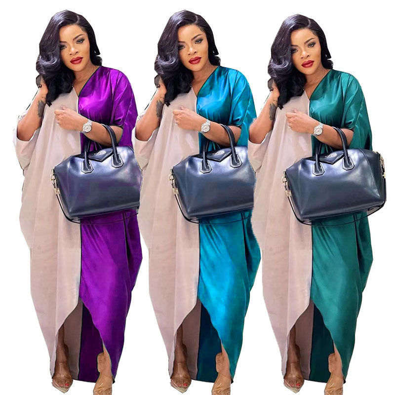 Glossy silky satinloosev neck bat sleeve mid-sleeve plaidfashion long skirt dress cross-border supply