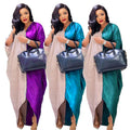 Glossy silky satinloosev neck bat sleeve mid-sleeve plaidfashion long skirt dress cross-border supply