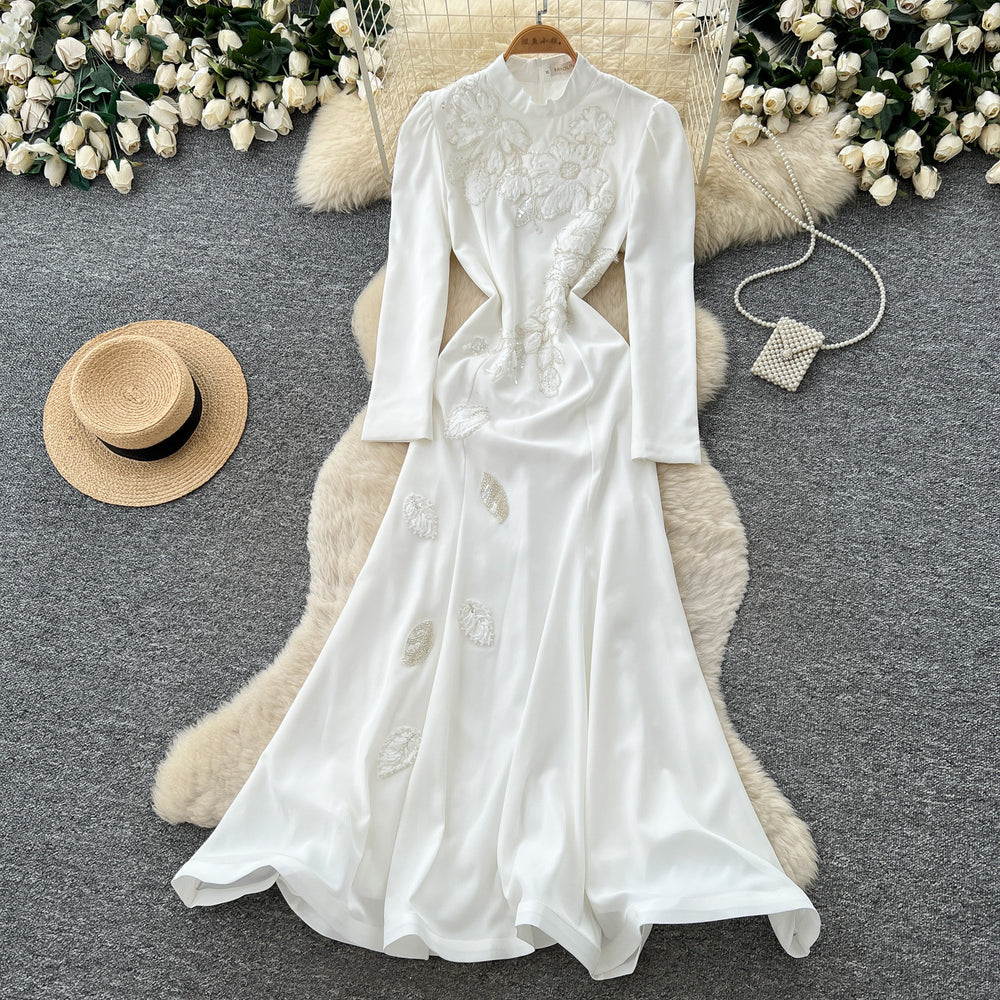 Luxury chic white lantern sleeve stand collar dress - women's  autumn embroidered slim-fit workwear maxi dress
